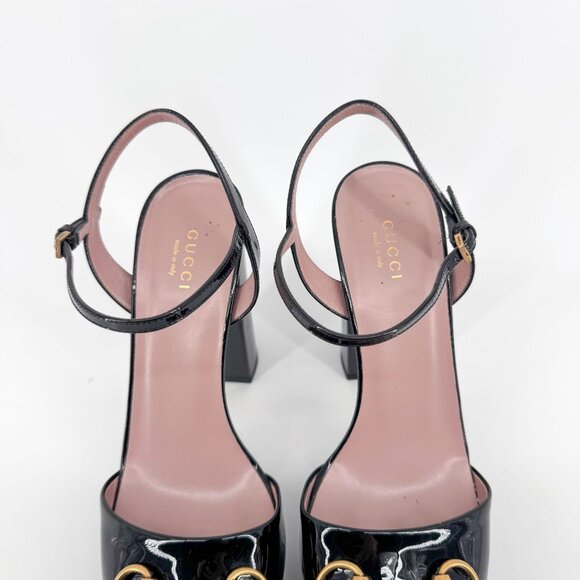 Gucci Claudie Horsebit Platform Heels Black Patent Leather Size 38 US 8 Sandals - Picture 4 of 13